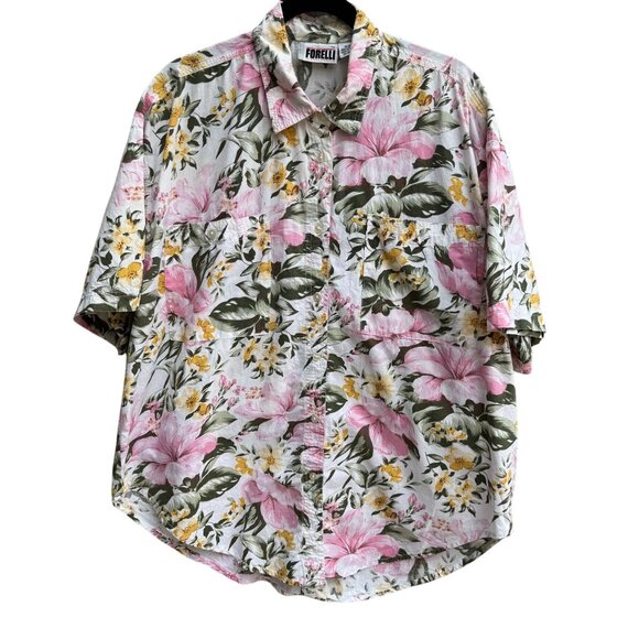 Forelli Womens Floral Pink Yellow Floral Hawaiian Short Sleeve Button-Up Shirt 1 - Picture 1 of 9